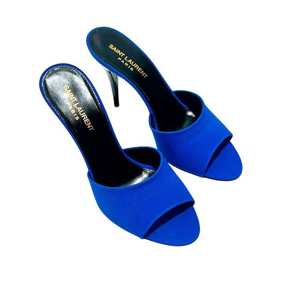 Saint Laurent 38/ US 8 Mules Sandals Royal Blue Silk Open Toe Stiletto Heel NIB - Picture 1 of 10